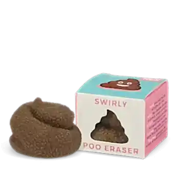 Brown swirl poo-shaped novelty eraser next to its packaging