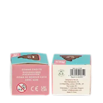 Brown swirl poo-shaped eraser packaging with multilingual labels and safety warnings