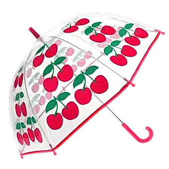 Transparent umbrella with red trim and cherry pattern