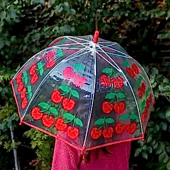 Transparent umbrella with red trim and cherry pattern