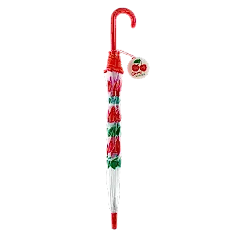 Closed transparent umbrella with red handle, cherry pattern and a tag