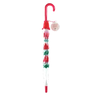 Closed transparent umbrella with red handle, cherry pattern and a tag