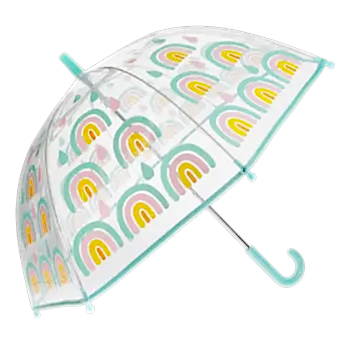 Transparent umbrella with light blue trim and rainbow pattern