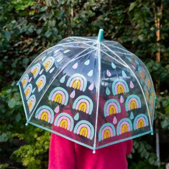 Transparent umbrella with light blue trim and rainbow pattern