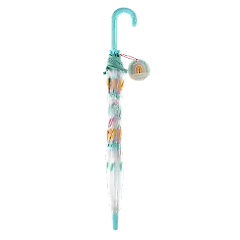 Closed transparent umbrella with light blue handle, rainbow pattern and a tag