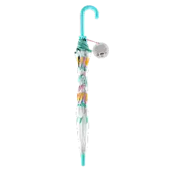 Closed transparent umbrella with light blue handle, rainbow pattern and a tag