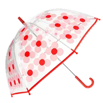 Transparent umbrella with red trim and pink daisy pattern