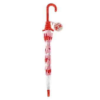Closed transparent umbrella with red handle, pink daisy pattern and a tag