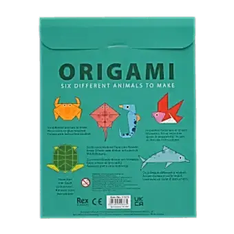 Back of make your own origami kit packaging with safety warning and multilingual descriptions