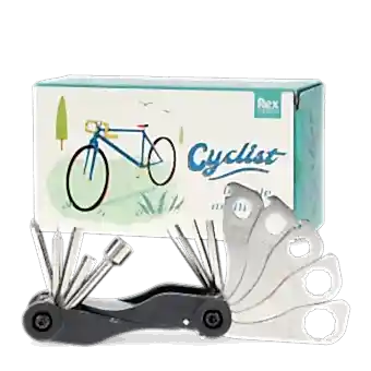 Cyclist multi-tool set with various attachments and a box