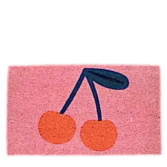 doormat featuring red cherry print in a pink background