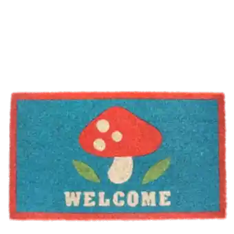 Colourful doormat featuring red mushroom and a welcome letter print