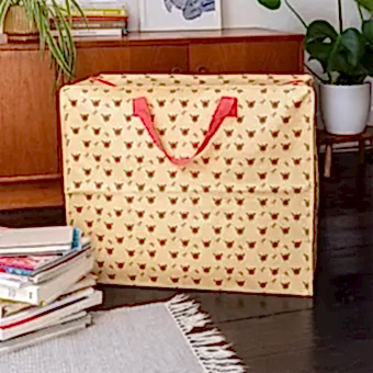 large rectangular storage bag with a floral print