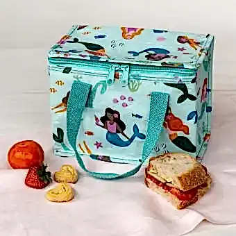 Mermaids design insulated lunch bag showing fruit and sandwich on the side