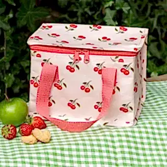 Cherry design insulated lunch bag showing fruit on the side