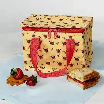 French rose design insulated lunch bag showing fruit and sandwich on the side