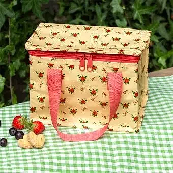 French rose design insulated lunch bag showing fruit on the side
