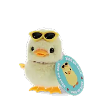 A fluffy yellow wind-up duck toy wearing yellow sunglasses with a tag 