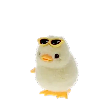 A fluffy yellow wind-up duck toy wearing yellow sunglasses