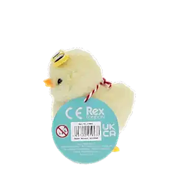 A fluffy yellow wind-up duck toy wearing yellow sunglasses with a tag