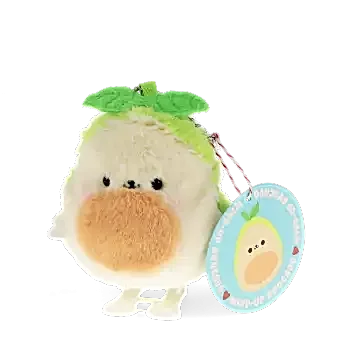Plush avocado-shaped wind-up toy with green leaves and a tag