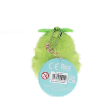 Plush avocado-shaped wind-up toy with green leaves and a tag
