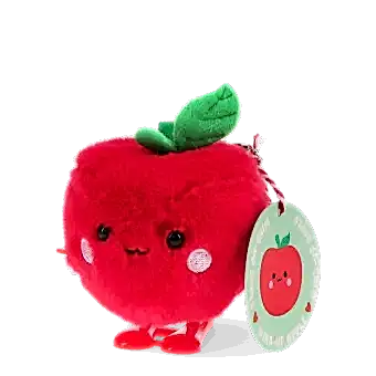 Red apple-shaped plush wind-up toy with a smiling face and a tag