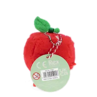 Red apple-shaped plush wind-up toy with a tag