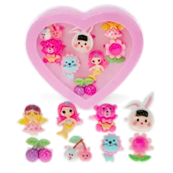 Assorted colourful rings with animal, mermaid, flower, and fruit designs in a pink heart-shaped box