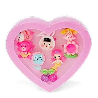 Assorted colourful rings with animal, mermaid, flower, and fruit designs in a pink heart-shaped box