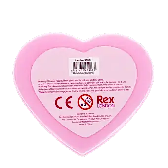 Back of rings in pink heart-shaped box with safety warnings and manufacturer details in multiple languages.