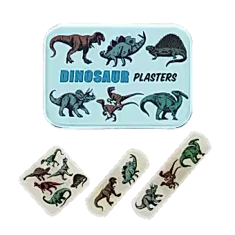 Dinosaur-printed plasters placed beside a matching storage tin featuring dinosaur illustrations