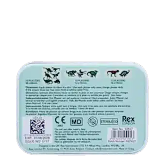 Back of dinosaur plaster tin with usage instructions and product details