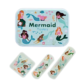 Mermaid-printed plasters placed beside a matching storage tin featuring mermaid illustrations