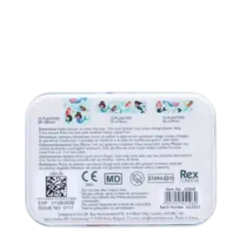 Back of mermaid plaster tin with usage instructions and product details