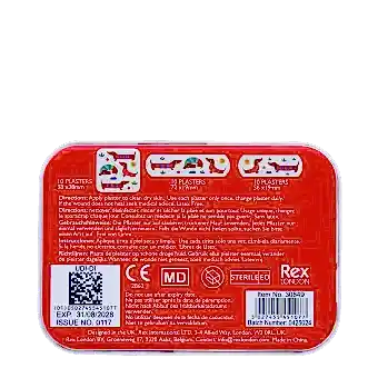 Back of sausage dog plaster tin with usage instructions and product details