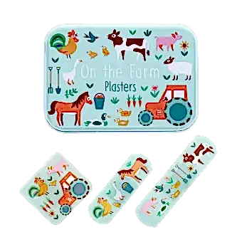 Farmyard-printed plasters placed beside a matching storage tin featuring farm animals illustrations