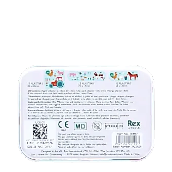 Back of Farmyard plaster tin with usage instructions and product details