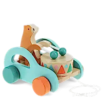 Wooden pull-along toy featuring a bear playing a drum, with colorful wheels