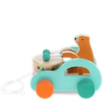 Wooden pull-along toy featuring a bear playing a drum, with colorful wheels
