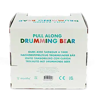 Wooden pull-along toy packaging with safety instructions