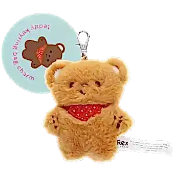 Light brown plush teddy bear keychain with a red polka-dotted bandana, metal clasp for attachment, and a tag 