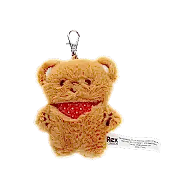 Light brown plush teddy bear keychain with a red polka-dotted bandana, metal clasp for attachment