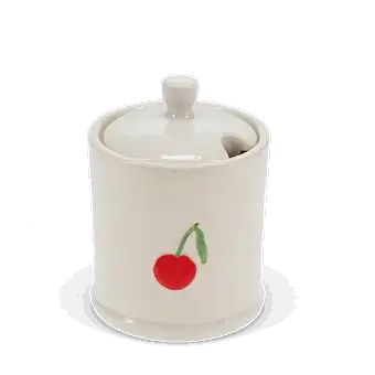 stoneware sugar pot with lid on, featuring a red cherry print and a small handle on top