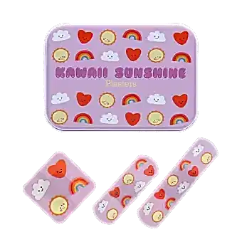 Kawaii sunshine plasters beside a matching tin with rainbow, cloud, sunshine, and heart illustrations