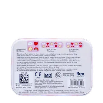 Back of Kawaii sunshine plaster tin with usage instructions and product details