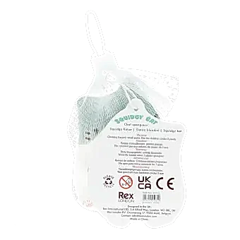 Back of squidgy stress cat showing safety warnings and barcode