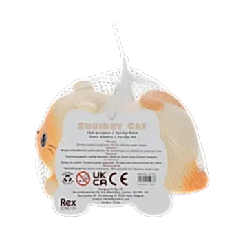 Squidgy stress cat in its packaging with tag showing safey warnings and barcode