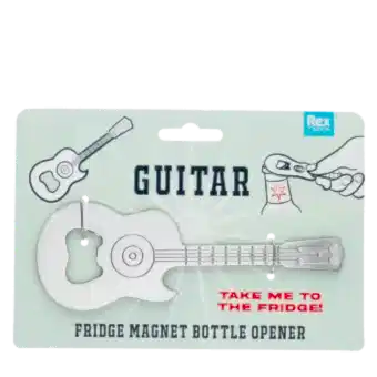 Fridge magnet with bottle oppener in guitar shaped packaging