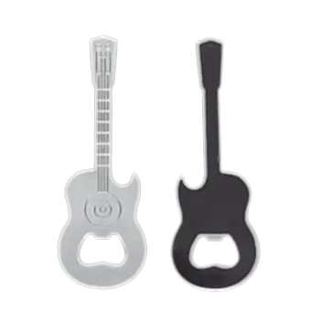 Guitar-shaped fridge magnets with built-in bottle openers, one in silver and one black